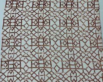 Rose Gold Sequin Fabric: Geometric Embroidered Mesh, 4-Way Stretch - By The Yard
