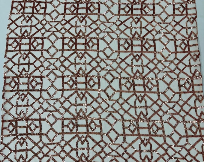 Rose Gold Sequin 4 Way Stretch Geometric Elena Design Embroidered Shiny Sequins Fabric for Prom Gala Gown Sold By Yard