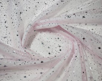 Silver Foil Stars on Light Pink Sheer Organza Fabric - 60" Wide