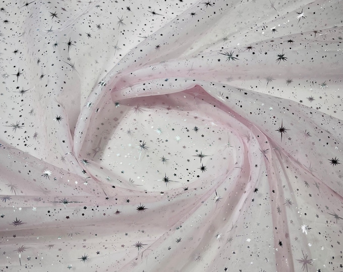 Foil Stars Silver On Lt Pink Sheer Organza Sold by the Yard, 60" Wide - Organza Fabric For Dresses, (Pick a Size)