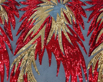 Red/Gold Sequins Fabric on Black Mesh By The Yard | Angel Wings Design Embroidered With Sequin on a Mesh 4way Stretch-Prom-Gown