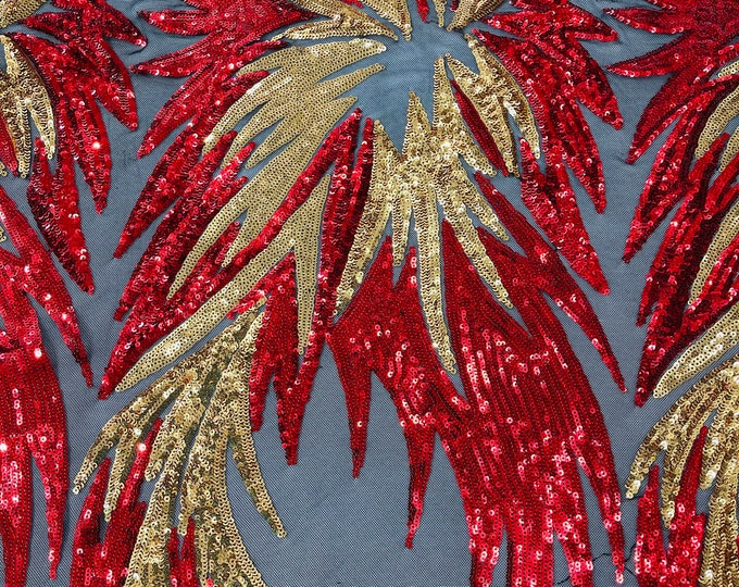 Red/Gold Sequins Fabric on Black Mesh By The Yard | Angel Wings Design Embroidered With Sequin on a Mesh 4way Stretch-Prom-Gown