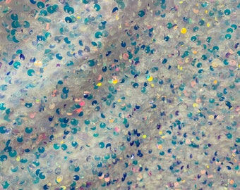 Iridescent Clear Sequin on White Stretch Velvet With Luxury Sequins all Over 5mm Shining Sequins 2-way Stretch 58/60” (Choose The Size)
