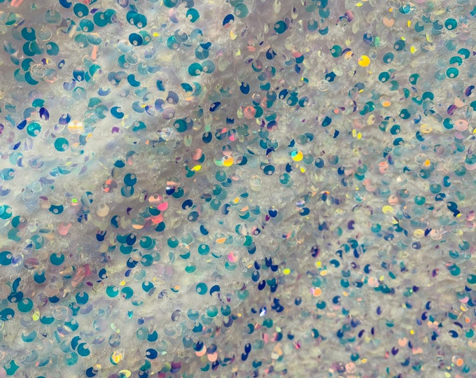 Iridescent Clear Sequin on White Stretch Velvet With Luxury Sequins all Over 5mm Shining Sequins 2-way Stretch 58/60” (Choose The Size)
