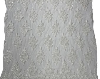 White Flower Embroidered Beaded Lace Fabric - Bridal Wedding Dress Fabric
