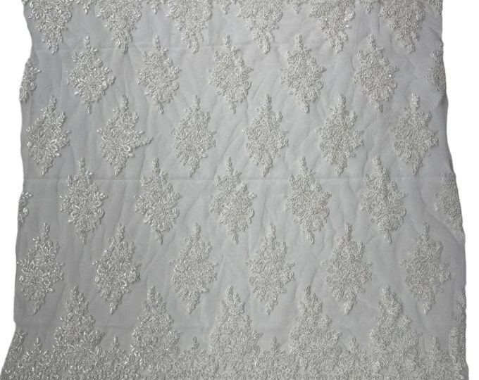 Of White Flower Beaded Fabric by the yard - Embroidered Beaded With Sequins Wedding Bridal Fabric | Lace Beaded
