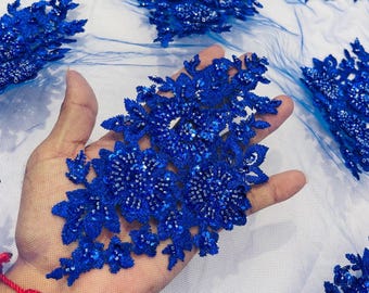 Royal Blue Beaded Lace Fabric: Embroidered Mesh, Bridal Wedding Dress - Sold By The Yard