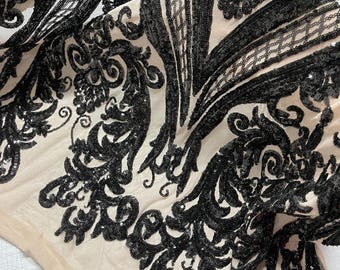 Black Sequin Damask Fabric, Nude Spandex Mesh, 4-Way Stretch, By The Yard