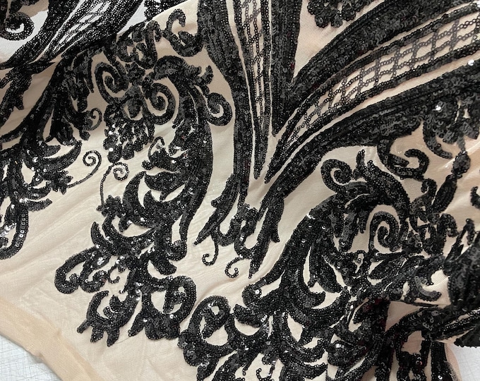 Black Sequin Damask Fabric, Nude Spandex Mesh, 4-Way Stretch, By The Yard