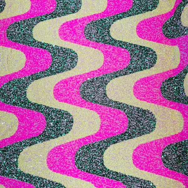 Stretch Velvet Sequins -  Hot Pink / Hunter Green / Yellow Sequin on Stretch Velvet Fabric - Wavy Line Design with 5mm Sequins By Yard