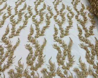 Gold Beaded Flower Fabric – Embroidered Bridal Lace, Sold By Yard