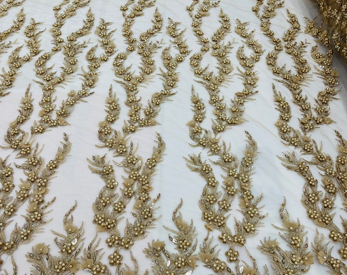 Champagne/Gold Beaded Fabric - Embroidered Flower Beaded Fabric Wedding Bridal Sold By Yard