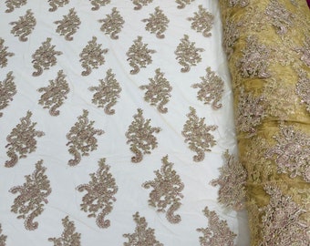 Metallic Taupe Floral Lace Fabric: Embroidered Sequins Mesh, Bridal Wedding
