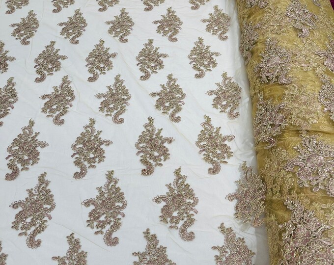 Metallic Taupe Floral Lace Fabric, Embroidery With Sequins on a Mesh Lace Fabric For Wedding-Bridal By Yard