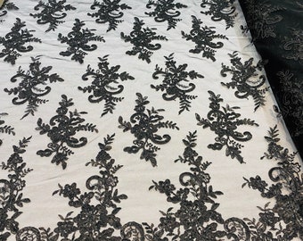 Black Floral Lace Fabric: Corded Embroidery with Sequins, Bridal Gown Fabric