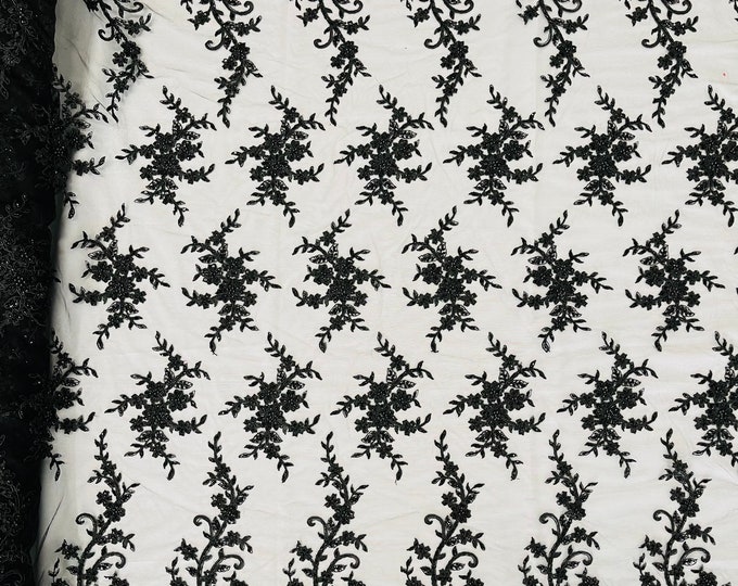 Black Beaded Sequins Fabric, Embroidery With Beaded Sequin on a Mesh, Floral Bridal Lace Fabric by the yard (Pick a size )