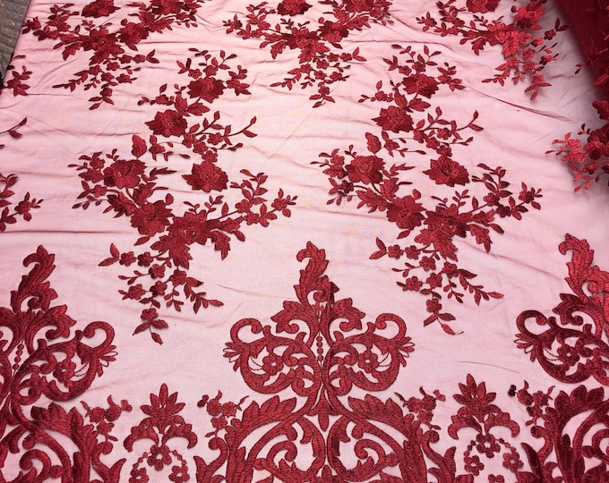 Burgundy Damask Design Embroidered on Mesh Lace Fabric, Floral Bridal Lace Wedding Dress by the Yard (Pick a Size)