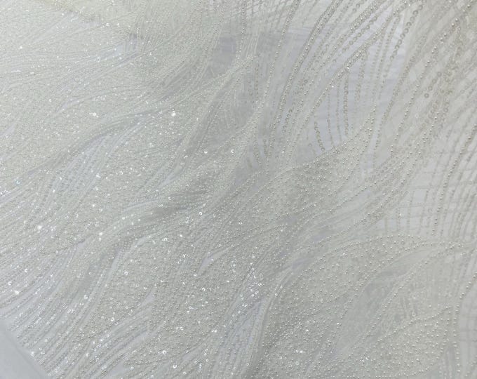 White Beaded Lace Fabric: Embroidered Mesh, Bridal Wedding Dress - Sold By The Yard