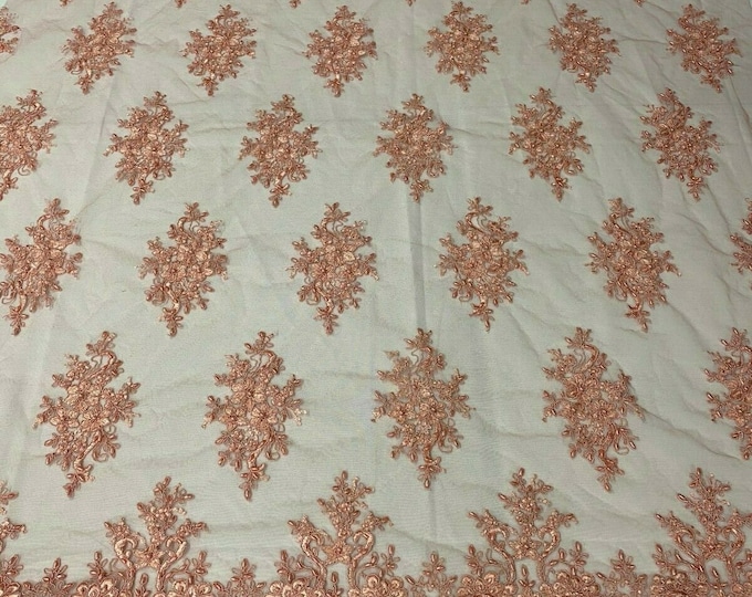 Peach Cluster Bead Fabric - Embroidered Flower Beaded Fabric Wedding Bridal Sold By Yard