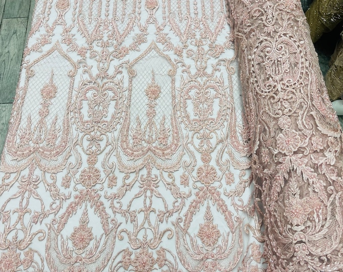 Mia’s Fabrics, Blush Pink - Beaded Fabric - by the yard - Embroidered With Pearls and Beads on Mesh