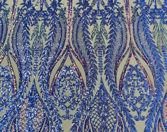 Lilac Iridescent Sequins Fabric: Damask Design, 4-Way Stretch