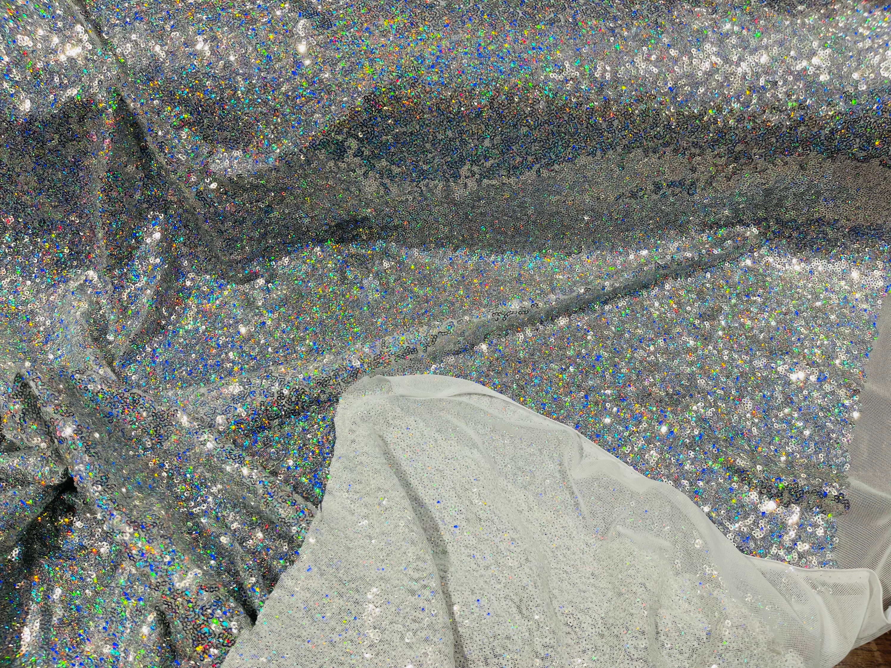 White Holographic Iridescent Mini Glitz Cheer Bow Costume Sequin Fabric