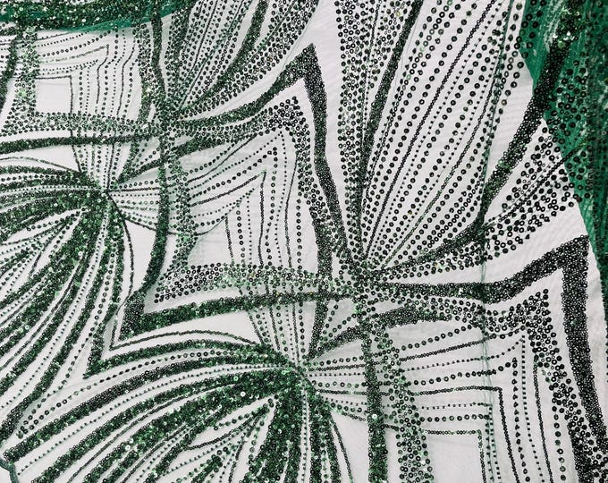 Hunter Green Beaded Lace Fabric: Embroidered Mesh, Bridal Wedding Dress - Sold By The Yard