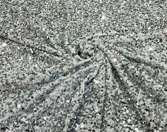 Silver Sequin Fabric: White Stretch Velvet, 5mm Sequins - By The Yard