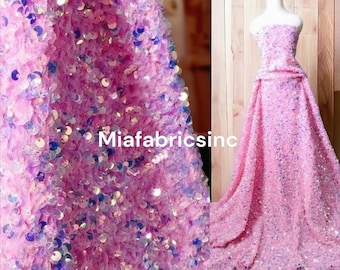 Pink Iridescent Sequin Velvet Fabric on Pink Stretch Velvet | by the yard | all Over 5mm Sequins Velvet 2-way Stretch 58/60”