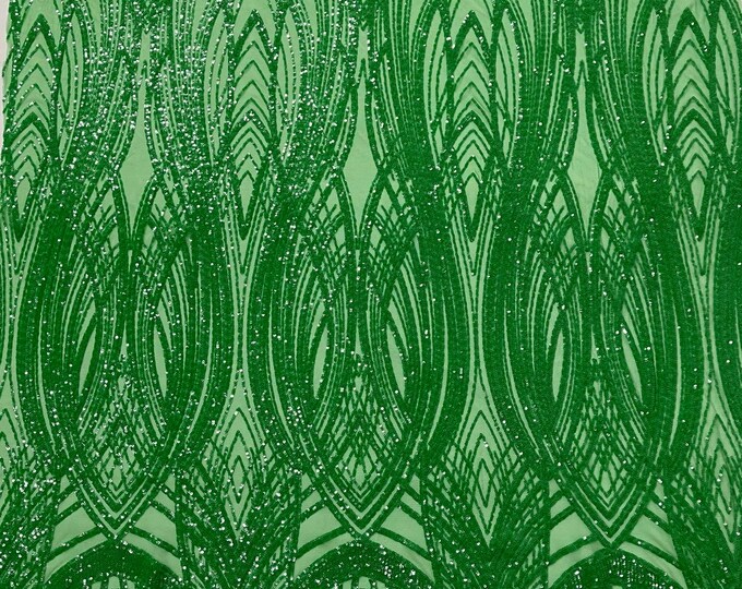 Green Iridescent Sequins Fabric | 4 Way Stretch Fancy Big Damask Design Sequins on Spandex Mesh Prom Gala Gown Fabric By The Yard