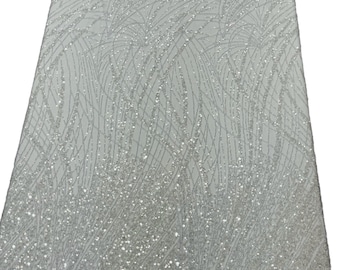 Beaded & Sequined Lace Fabric: Baby Blue Embroidered Mesh, Bridal Wedding Dress by the yard