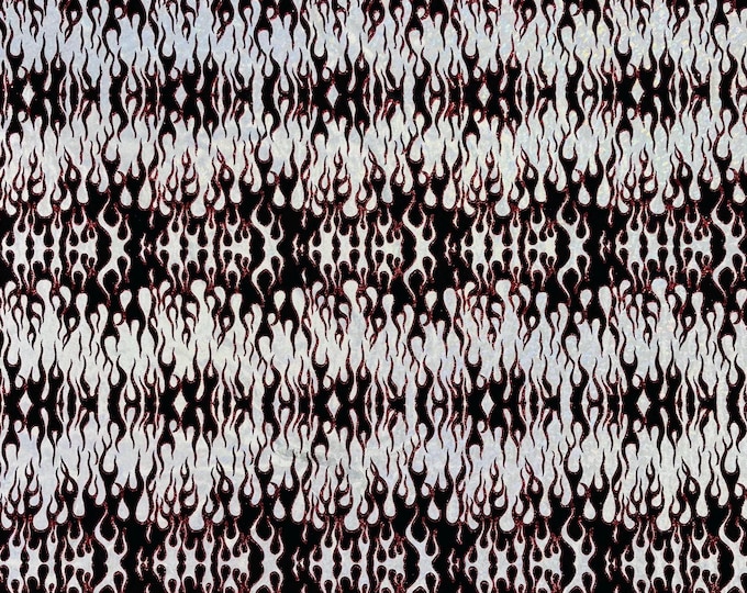 Black Silver Nylon Spandex Fabric by the yard, Flames Design With Hologram Shattered Glass, Glitter Spandex Fabric 4 Way Stretch Prom-Gown