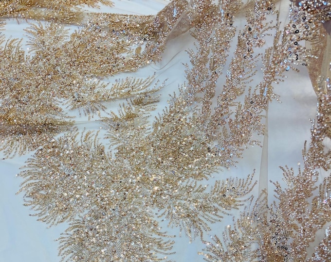 Rose Gold Beaded Fabric On Mesh SKIN | Fashion Pattern With Pearls Beads and Sequin