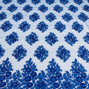 Royal Blue Lace Fabric - by yard - Corded Flower Embroidery With Sequins on a Mesh Lace Fabric For Wedding-Bridal-Dress