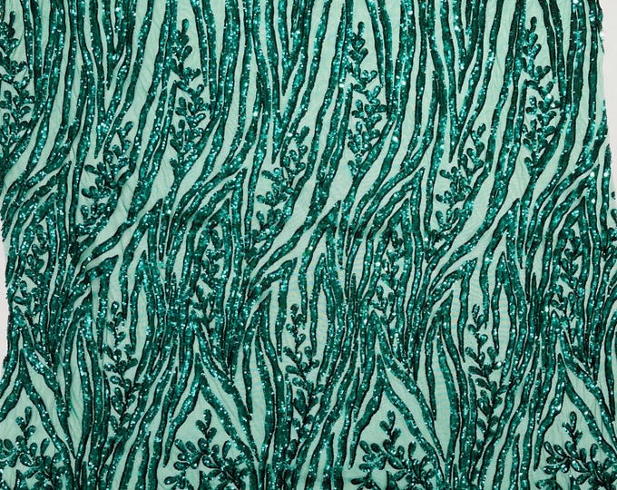 Green Sequin Fabric 4 Way Stretch Fashion Design Sequins on White Spandex Mesh Prom Gala Gown Fabric By The Yard