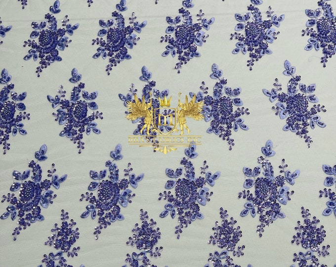 Lilac Beaded Sequins Fabric | Embroidery With Beaded Sequin on a Mesh | Beaded Floral | Flowers Bridal Lace Fabric by the yard