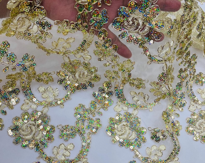 Gold Hologram Metallic Corded Lace Floral by Yard With Metallic Thread Flower Design Embroidered With Sequin on a Mesh Lace Fabric
