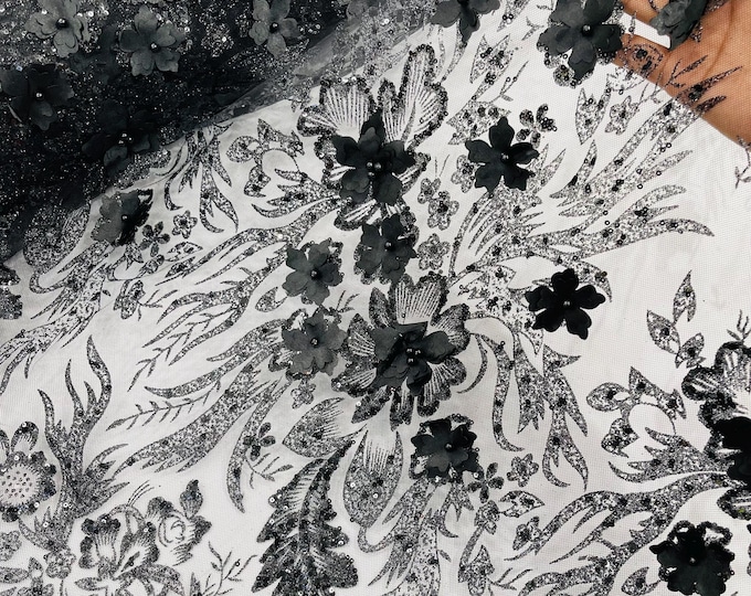Black Glitter Floral Mesh, Glitter 3D Flower Sequin Fabric, Wedding Dresses & Quinseñera