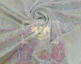 Pink/White Iridescent Mini Glitz Sequins on White Mesh 4 Way Stretch Sequin Fabric Dresses-Nightgowns-Prom Gown (Choose The Size)