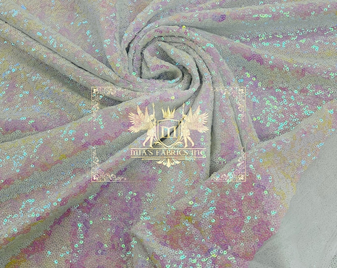 Pink/White Iridescent Mini Glitz Sequins on White Mesh 4 Way Stretch Sequin Fabric Dresses-Nightgowns-Prom Gown (Choose The Size)
