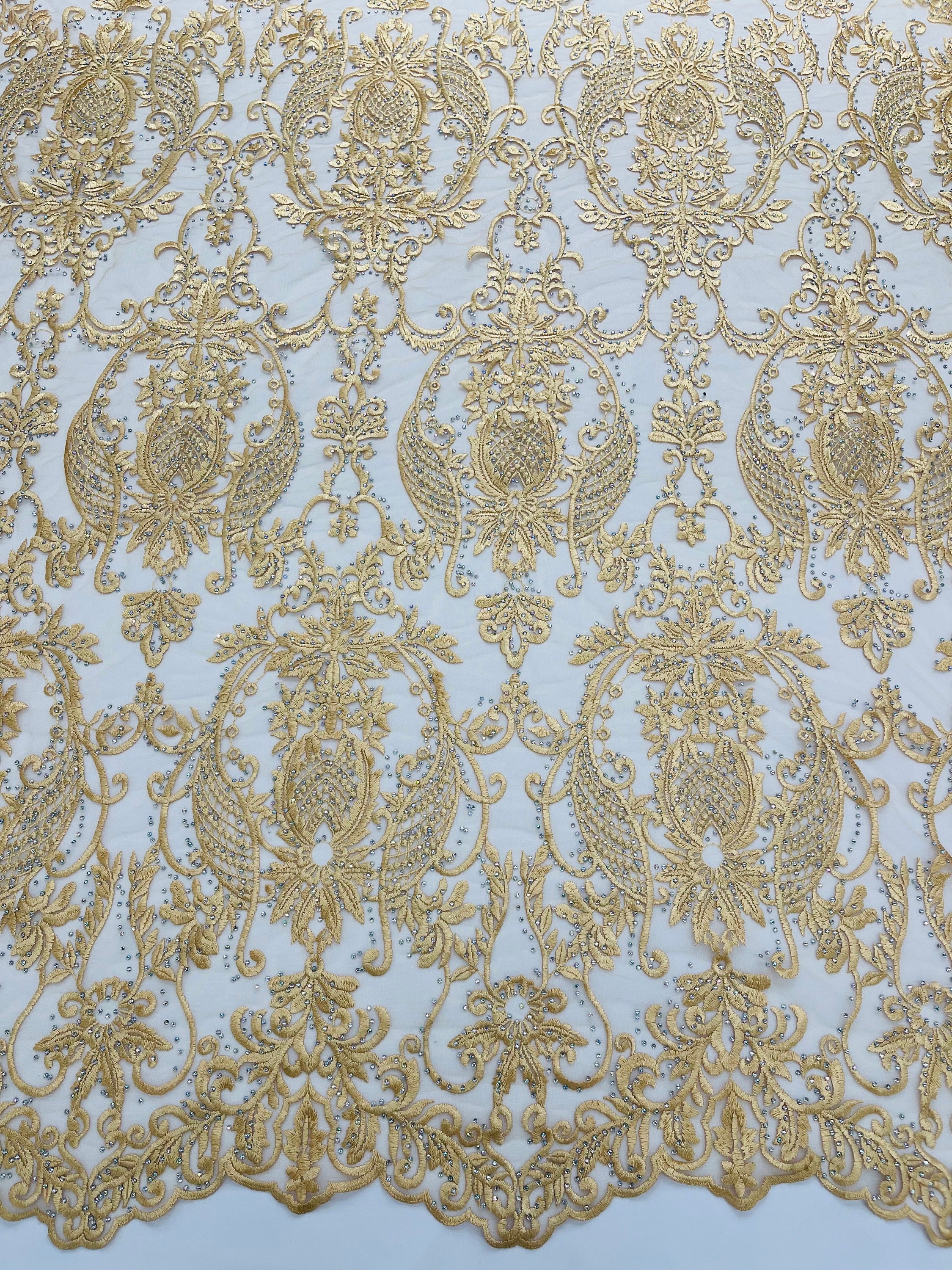 Gold Damask Rhinestone Lace Fabric - Embroidered Mesh, Bridal Gown - Etsy