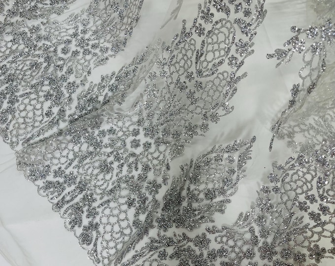 Silver Rhinestones Glitter Fabric on a Mesh By The Yard | Geometric Damask Glitter Rhinestones on Mesh Fabric,  Wedding Bridal/Prom