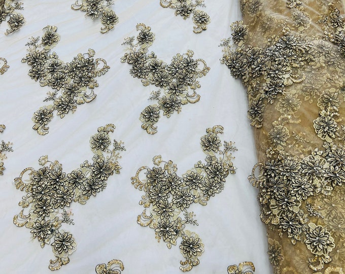 Taupe 3D Floral Lace Fabric by the yard, Flower Design Embroider With black thread Rhinestones On a Mesh, Prom Beaded Fabric