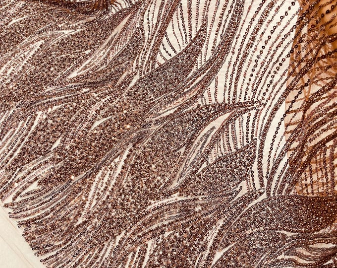 Brown Beaded Lace Fabric: Embroidered Mesh, Bridal Wedding Dress - Sold By The Yard