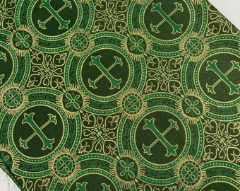 Hunter Green Religious Brocade Fabric: Gold Cross Jacquard, Liturgical Vestment