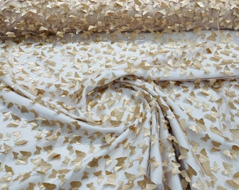 Champagne 3D Butterfly Lace Fabric: Embroidered Tulle Mesh, Bridal Wedding Dress By The Yard