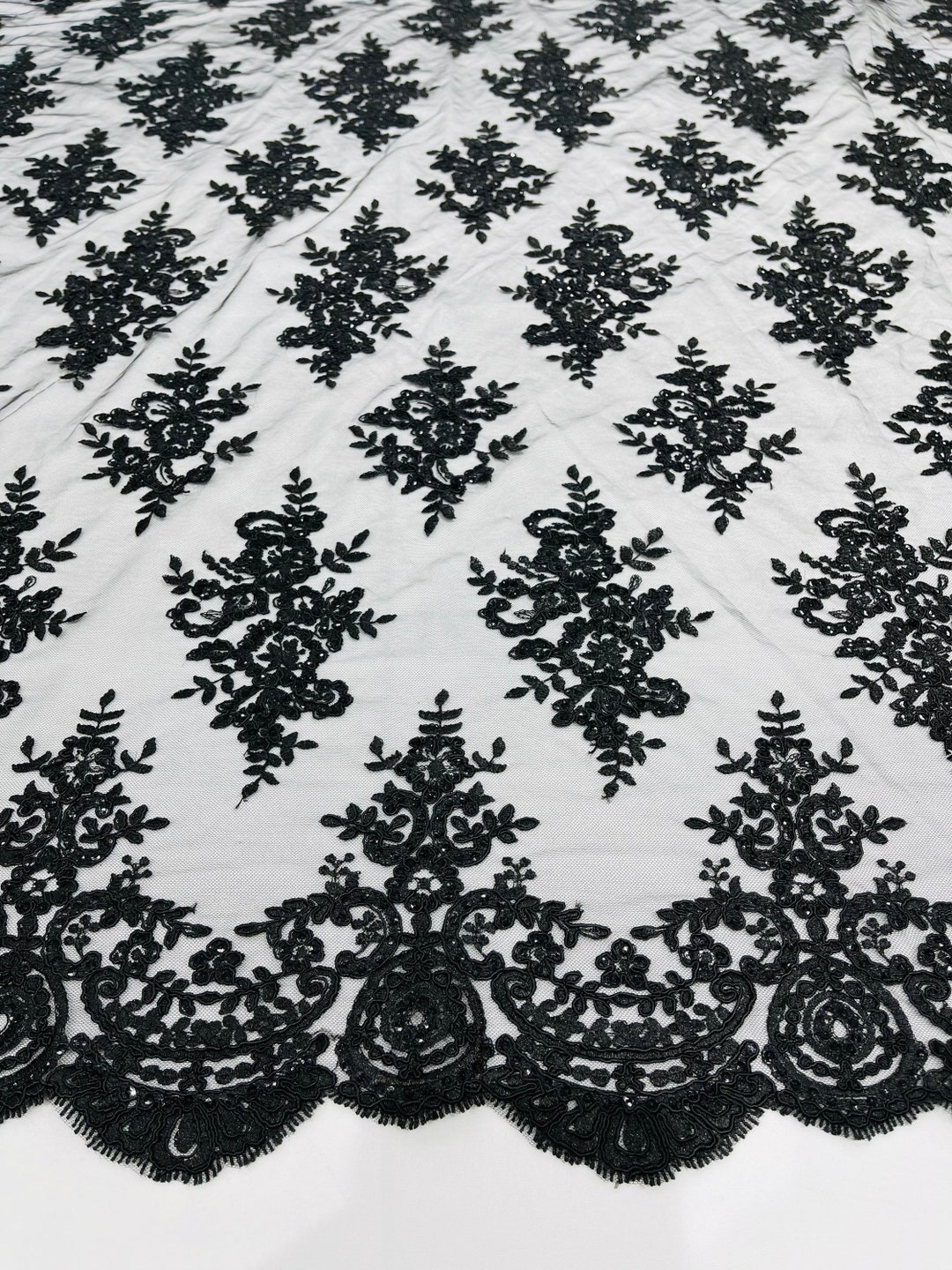 Black Floral Lace Fabric by Yard Embroidery With Sequins on a Mesh