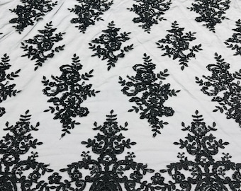 Black Floral Lace Fabric with Sequins - Bridal Wedding Gown Lace - By The Yard