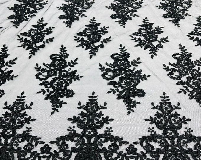 Black Floral Lace Fabric - by yard - Embroidery With Sequins on a Mesh Corded Lace Fabric, For Gown - Wedding - Bridal