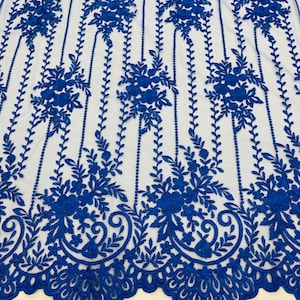 Royal Blue Floral Lace Fabric, Embroidery on a Mesh Lace Fabric For Gown, Wedding-Bridal-Dress By The Yard